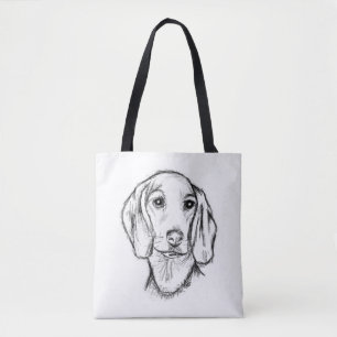 Dachshond handgetekende schets zwart witte puppy h draagtas
