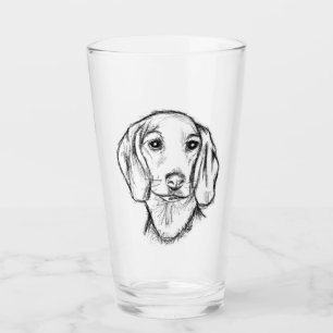 Dachshond handgetekende schets zwart witte puppy h glas