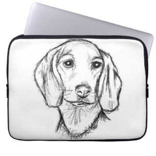 Dachshond handgetekende schets zwart witte puppy h laptop sleeve