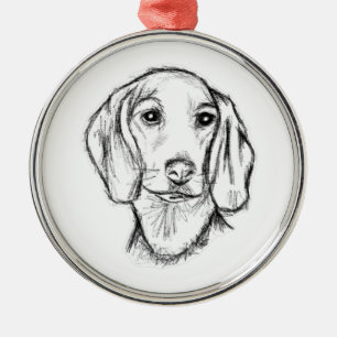 Dachshond handgetekende schets zwart witte puppy h metalen ornament