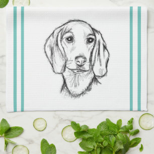 Dachshond handgetekende schets zwart witte puppy h theedoek