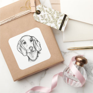 Dachshond handgetekende schets zwart witte puppy h vierkante sticker