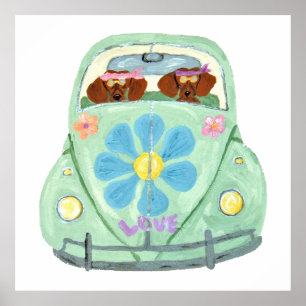 Dachshond Hippies In Hun Bloem Minnende Auto Poster