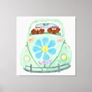 Dachshond Hippies In Hun Bloemliefdesauto Canvas Afdruk