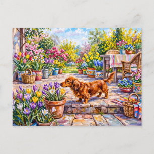 Dachshond loopt door kleurrijke bloeiende lente briefkaart