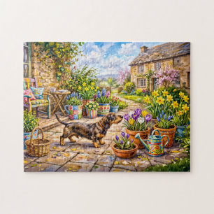 Dachshond loopt door kleurrijke bloementuin legpuzzel