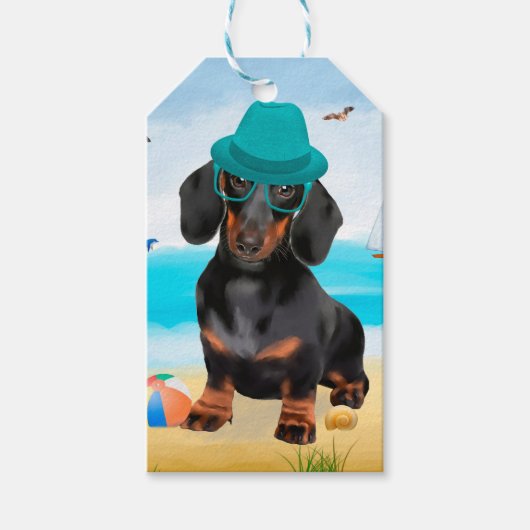 Dachshond op het strand cadeaulabel (Voorkant)