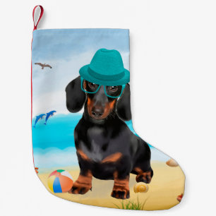 Dachshond op het strand kleine kerstsok