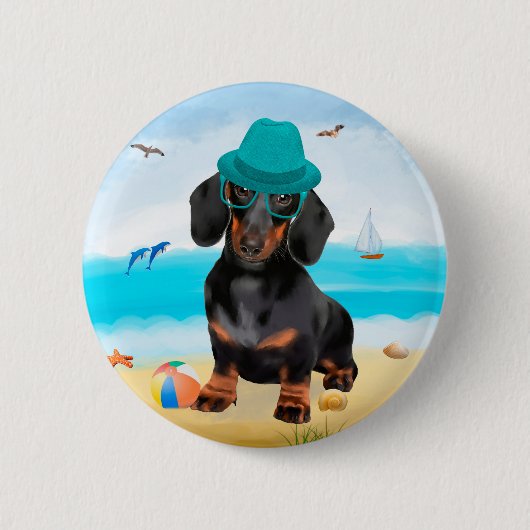Dachshond op het strand ronde button 5,7 cm (Voorkant)