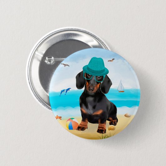 Dachshond op het strand ronde button 5,7 cm (Voorkant /achterkant)