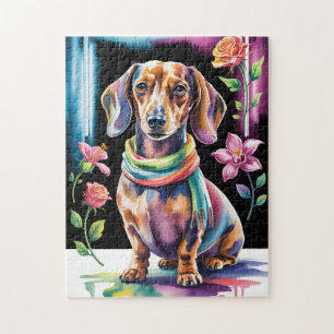 Dachshond Portret in Neon Licht en Bloemenkader Legpuzzel
