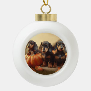 Dachshond Puppy Herfst Plezier Pompoen Keramische Bal Ornament