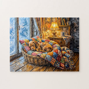 Dachshond rustend in een knus winter raammandje legpuzzel