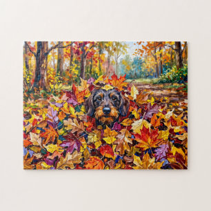 Dachshond rustend in kleurrijke herfstbladeren legpuzzel