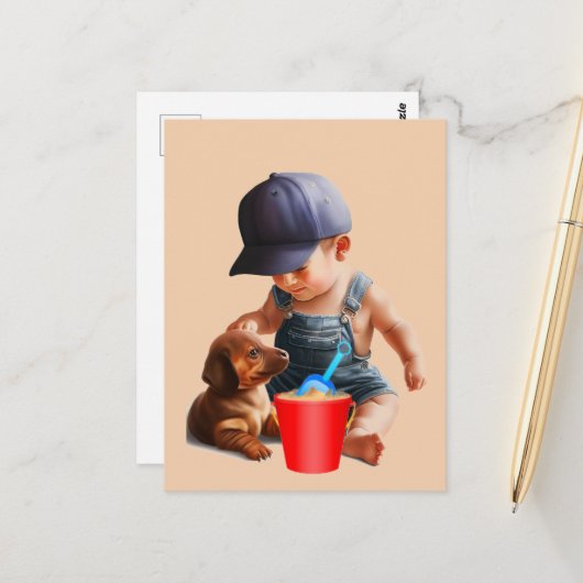 Dachshund Beach Day Briefkaart Art (Voorkant / Achterkant in situ)