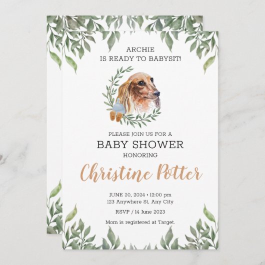 Dachshund Chien vert Boho Baby shower Invitation (Devant / Derrière)