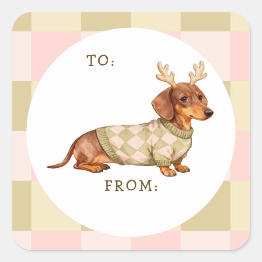 Dachshund Christmas Dog Checkered Knitted Sweater Vierkante Sticker (Voorkant)