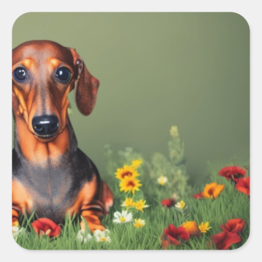 Dachshund dans le champ de fleurs autocollant carr (Devant)