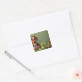 Dachshund dans le champ de fleurs autocollant carr (Enveloppe)