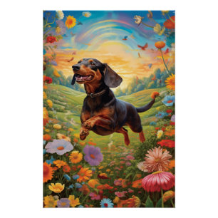 Dachshund dansen met een kleurrijke vlinder perfect poster