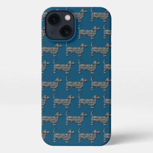 Dachshund Daxie Hond Schattig Silhouet Raster Blau iPhone 13 Hoesje