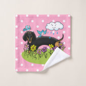 Dachshund de printemps (noir et tan) Mignonne chie (Gant de toilette)