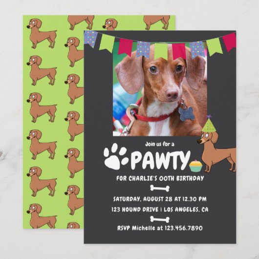 Dachshund Dog Birthday-fotouitnodiging Kaart (Voorkant / Achterkant)