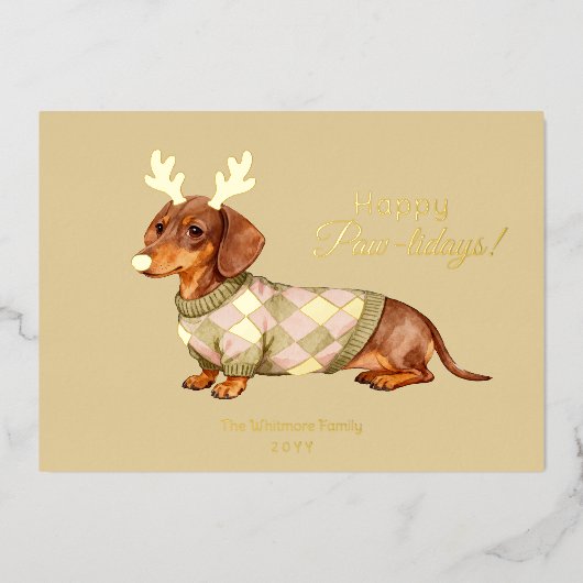 Dachshund Dog Christmas Checkered Sweater Photo Folie Feestdagenkaart (Voorkant)
