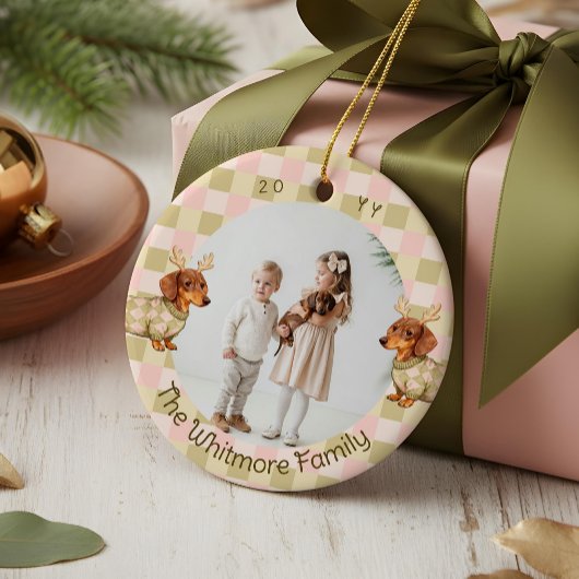 Dachshund Dog Christmas Checkered Sweater Photo Keramisch Ornament
