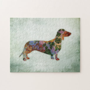 Dachshund Dog Floral over Groen Legpuzzel