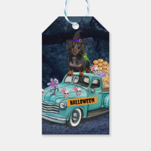 Dachshund Dog Halloween Truck Scary Night Cadeaulabel (Voorkant)