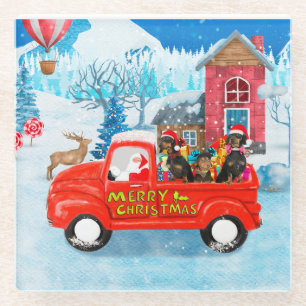 Dachshund Dog in kerstcadeauwagen Glazen Onderzetter