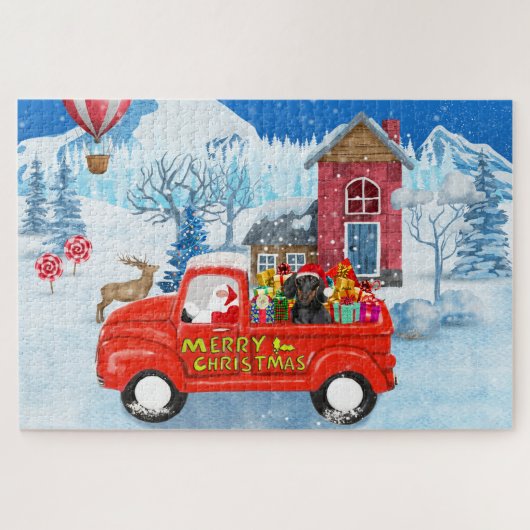Dachshund Dog in kerstcadeauwagen Legpuzzel (Horizontaal)
