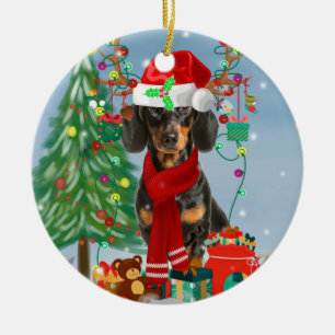 Dachshund Dog in sneeuw met kerstcadeaus Keramisch Ornament
