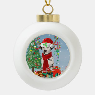 Dachshund Dog in sneeuw met kerstcadeaus Keramische Bal Ornament