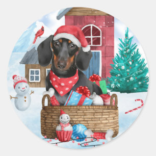 Dachshund Dog in sneeuwkersthondenhuis Ronde Sticker