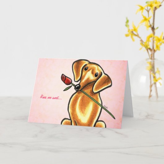 Dachshund Dog met Roos Custom Message Kaart (Gele Bloem)