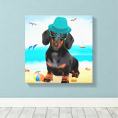 Dachshund Dog op strand Canvas Afdruk (Insitu (Houten vloer))