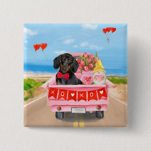 Dachshund Dog Valentijnsdag Truck Hearts Vierkante Button 5,1 Cm