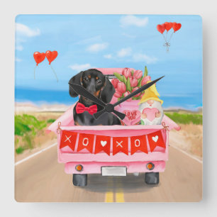 Dachshund Dog Valentijnsdag Truck Hearts Vierkante Klok
