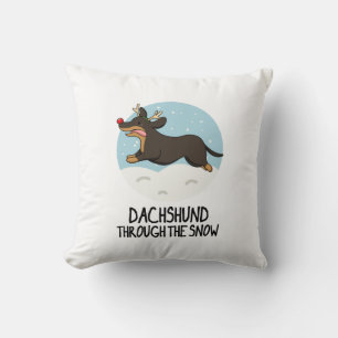 Dachshund door de sneeuw grappige kerst woordspeli kussen