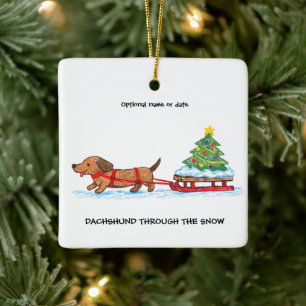 Dachshund Door de Sneeuw Kerstmis Keramisch Ornament