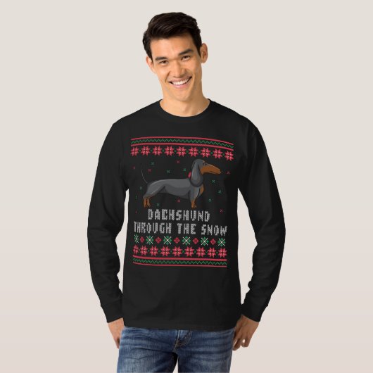 Dachshund door de sneeuw Ugly met kerst T-shirt (Voorkant volledig)