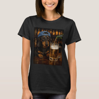 Dachshund Drinkt Bier Grappige Honden Meme Vintage T-shirt