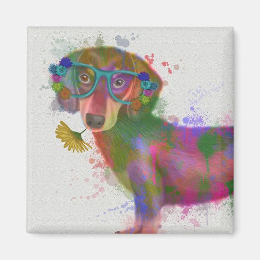 Dachshund en Glasses Rainbow Splash Magneet (Voorkant)