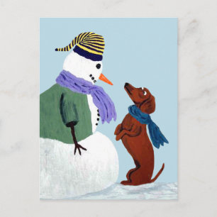 Dachshund En Sneeuwman Ansichtkaart Briefkaart