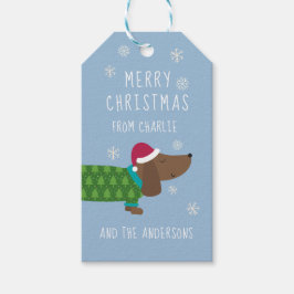 Dachshund en sneeuwvlokken familie cadeaulabel