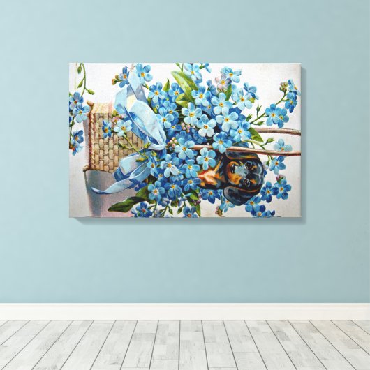 Dachshund en Vergeet-me-Nots Canvas Afdruk (Insitu (Houten vloer))