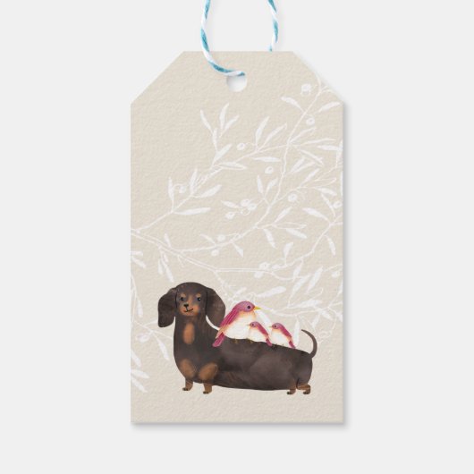 Dachshund- en vogelfamilie cadeaulabel (Achterkant)