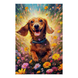 Dachshund Frolicking in een veld van kleurrijke bl Perfect Poster